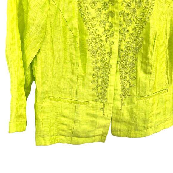 Chicos Sz Medium 1 US 8/10 Neone Green LINEN BLEND Tropical Blouse Shirt Top - Picture 5 of 9